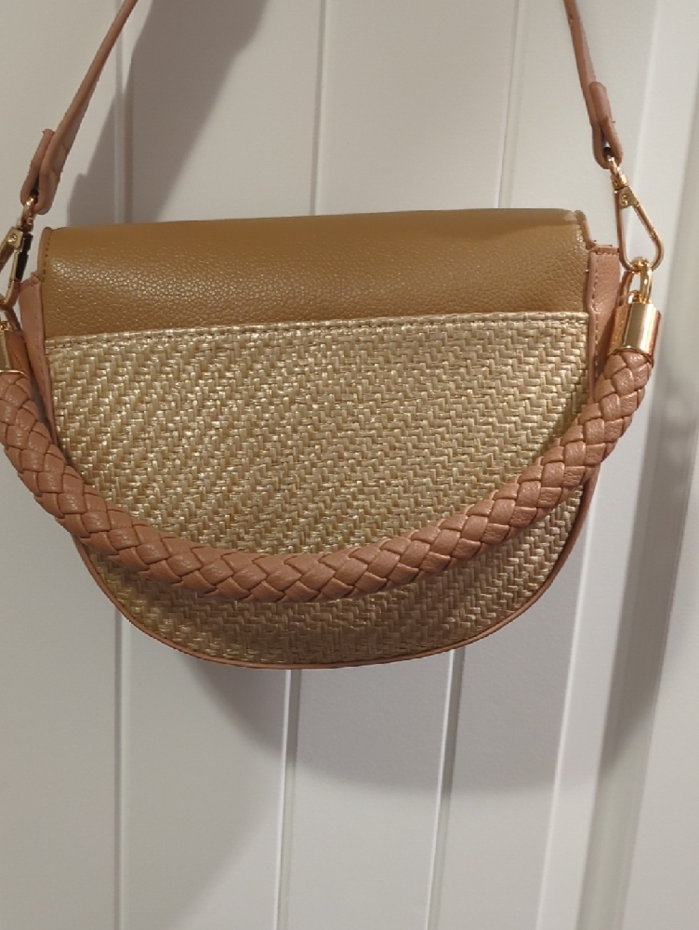Anne Klein Tan Woven Saddle Crossbody with Braided Handle - Picture 4 of 6